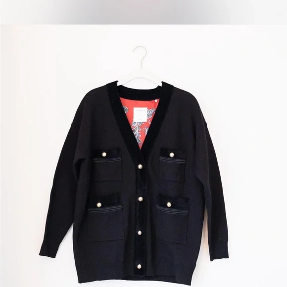 Sandro velvet trim Cardigan with gold buttons S EUC - Picture 2 of 8